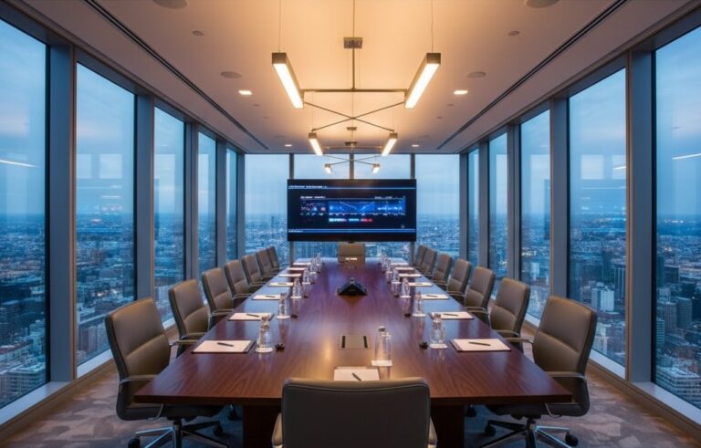 Vista de sala de reuniones de empresa en una planta de rascacielos