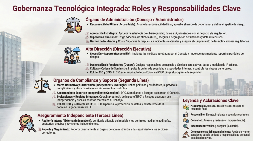 Infografía detallada sobre el modelo de Gobernanza Tecnológica Integrada. Estructura jerárquica que define roles y responsabilidades clave: el Órgano de Administración como responsable último (Accountable), la Alta Dirección como ejecutora (Responsible), las áreas de Compliance como segunda línea de defensa y la Auditoría Interna como tercera línea. Detalla las funciones de supervisión en ciberseguridad, IA y datos, advirtiendo sobre las consecuencias legales y la responsabilidad personal del incumplimiento.