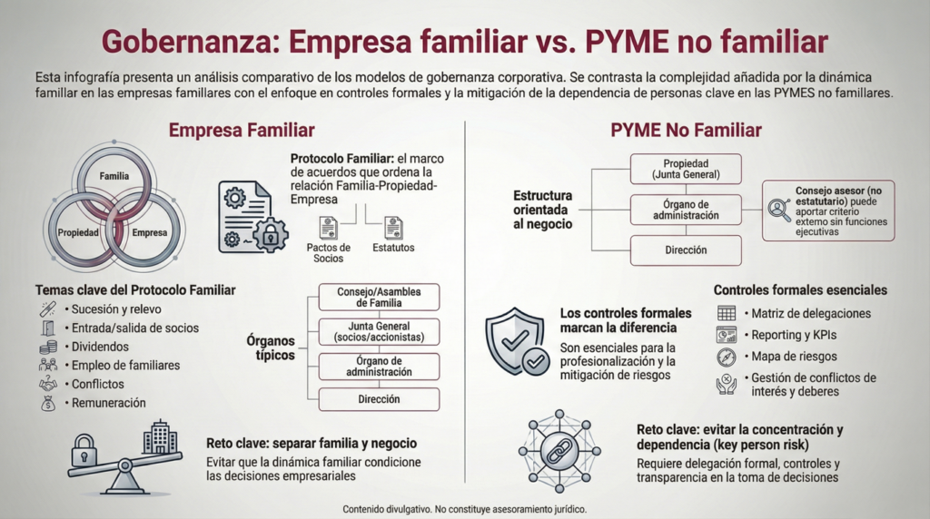 nfografía comparativa sobre modelos de gobernanza corporativa entre Empresa Familiar y PYME No Familiar. A la izquierda, detalla la estructura de la Empresa Familiar, destacando el modelo de los tres círculos, el Protocolo Familiar como eje regulador de la sucesión y conflictos, y el reto de separar familia y negocio. A la derecha, describe la PYME No Familiar, enfocada en estructuras de negocio, controles formales (KPIs, matriz de riesgos), la figura del Consejo Asesor y el reto de evitar la dependencia de personas clave (key person risk).