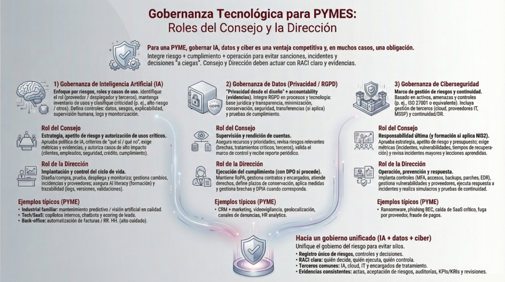 Infografía detallada sobre Gobernanza Tecnológica para PYMES. Muestra un esquema unificado de los roles del Consejo y la Dirección en tres áreas clave: Inteligencia Artificial, Protección de Datos (RGPD) y Ciberseguridad (NIS2).